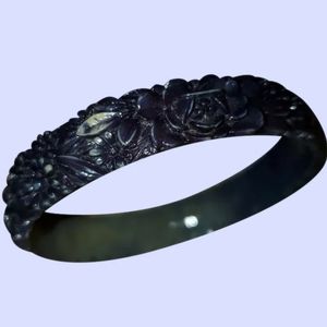 Pretty Deco Era Black Heavily Molded Celluloid Floral Bangle Bracelet